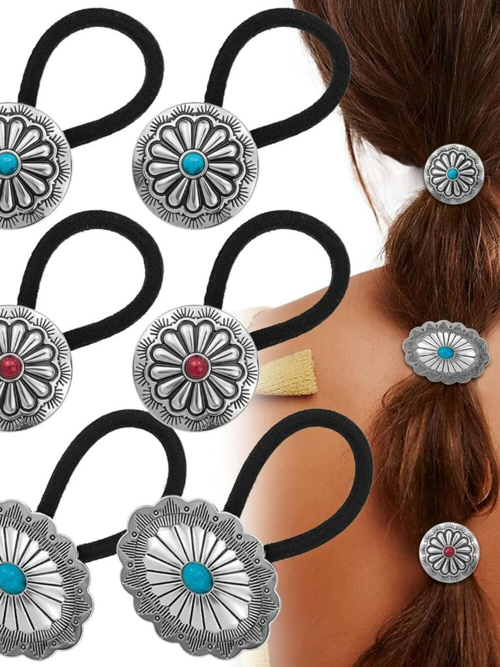 6 Western Ponytail Holders Metal Boho Hair Ties Flower Hair Ropes Turquoise
